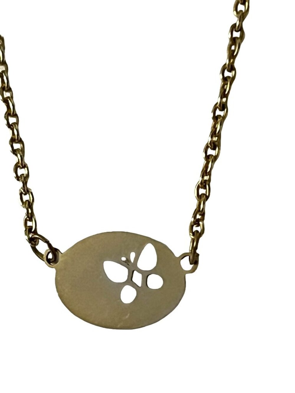 Minimalist Gold Tone Butterfly Cutout Necklace Dainty Oval Pendant 13 Inch